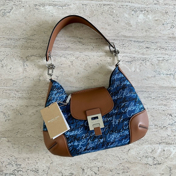 MK Collection Bancroft Medium Signature Print Denim Shoulder Bag - Picture 9 of 12